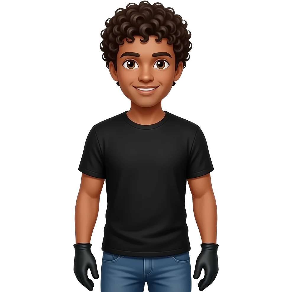 22 year old, Olive skin male, with curly hair, with almond eyes, black T-shirt, black gloves, cooking emoji emoji