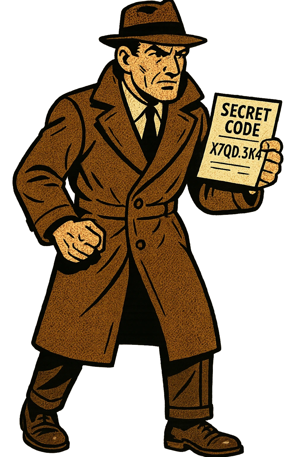 A full body of a secret US spy from the 1950s wearing a brown overcoat and holding a piece of paper with a secret code written on it emoji