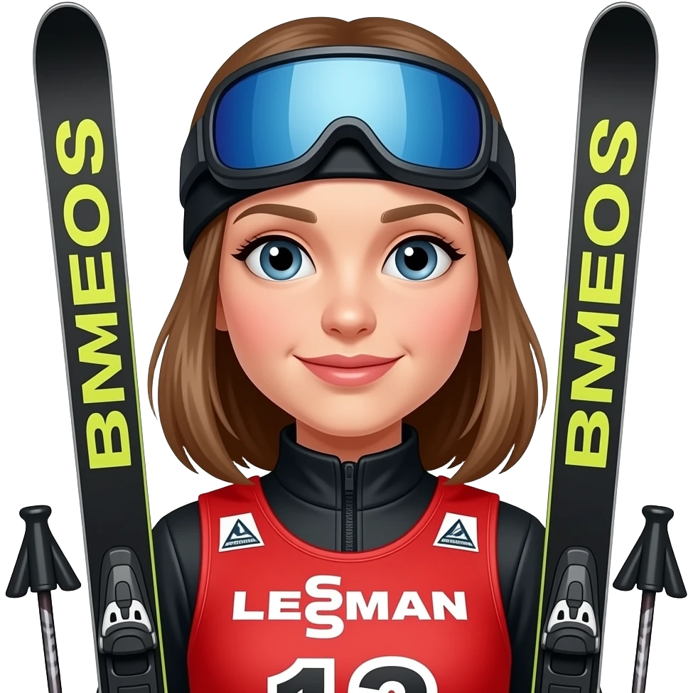 ragazza con il pettorale da gara di colore rosso, vestita di nero e sci emoji