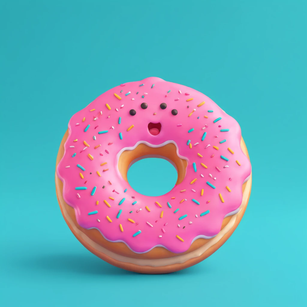 Create an emoji of this donut character with a sad expression, 3D cartoon style, pink background. emoji