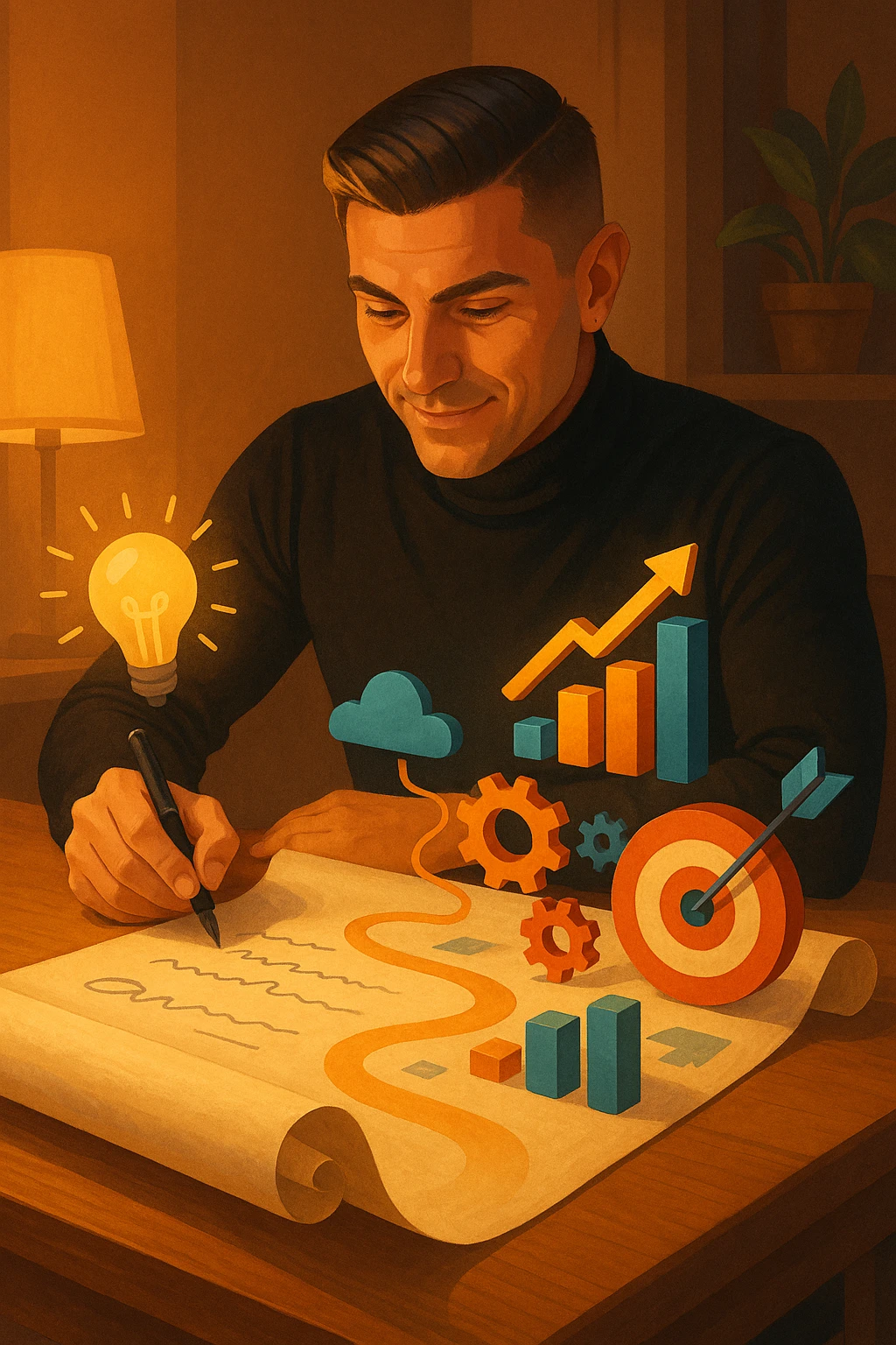 Un uomo concentrato, seduto alla sua scrivania in una stanza con luce calda, sta scrivendo su un enorme foglio di carta che si espande magicamente davanti a lui. Mentre scrive, le parole si trasformano in elementi visivi tridimensionali che rappresentano le soluzioni ai suoi problemi emoji