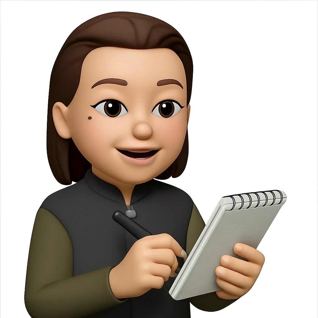 Edit the image to depict the woman conducting user interviews. Add a notepad and pen in her hands. Keep the same style as the original image. Make the background transparent. emoji