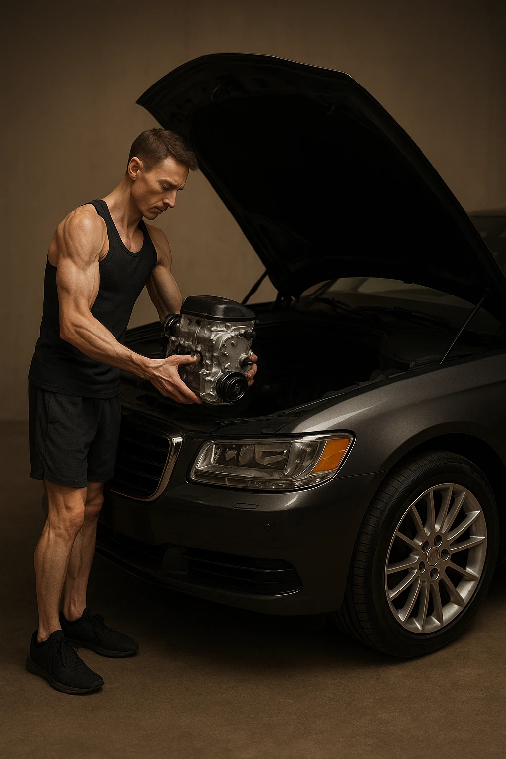 a lean, slimmed-down bodybuilder in gym clothes stands beside a large, imposing car (like an SUV or luxury sedan) with the hood open. Con attenzione e un po’ di fatica, solleva e installa un piccolo motore nel grande vano motore dell’auto. Il contrasto tra la stazza dell’auto e la dimensione ridotta sia del motore che del bodybuilder è evidente. L’atmosfera è riflessiva e simbolica. emoji