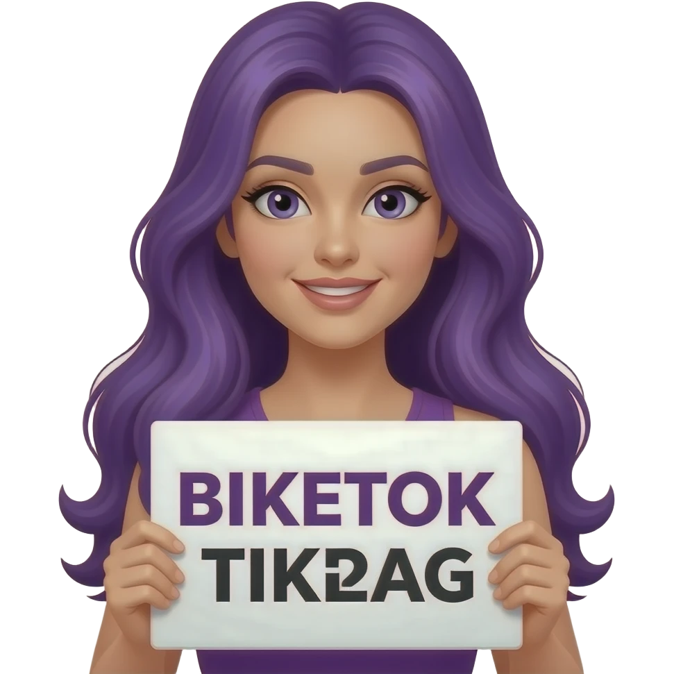 sexy girl with long purple hair holding a BIKETOK TIKTAG sign emoji