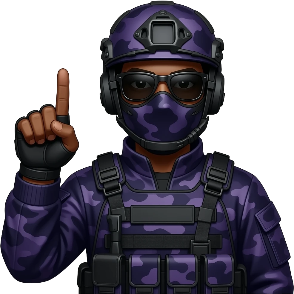 Black Man in large black sungoggles dark purple camoflage tactical gear helmet mask with 2 middle fingers emoji