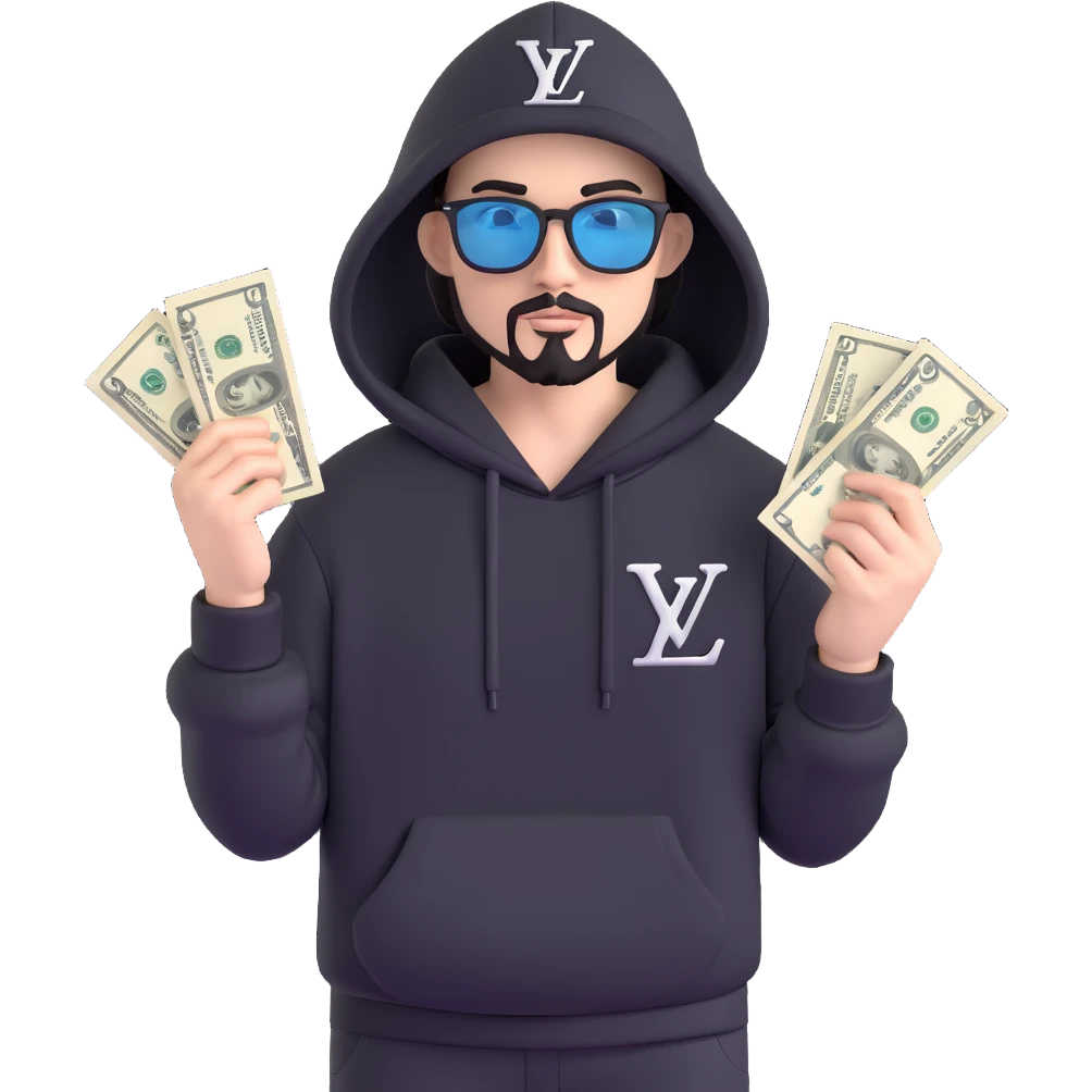 3D style portrait of a person with white skin and black goatee, wearing a hoodie, black sweatpants, and a black hat with LV logo. Wearing Cartier glasses and holding realistic US dollar bills. AMG car behind him, detailed and realistic 3D style. emoji