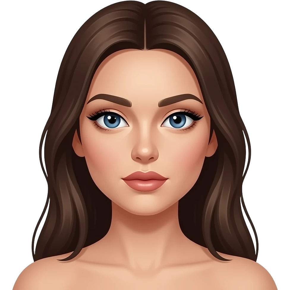 Woman with an oval face, light tan glowing skin, large almond-shaped blue eyes with long lashes, full arched eyebrows, straight slim nose, full lips with defined cupid’s bow, long dark light brown honey smooth hair, glam makeup, symmetrical model-like face, elegant and slightly intense expression. emoji