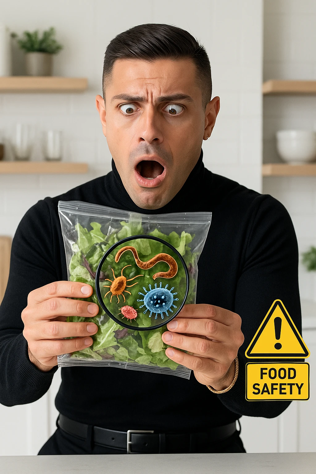 a man holds a bag of salad with both hands, his face frozen in shock as he looks at the contents. Inside the bag, exaggerated but realistic depictions of parasites and bacteria are visible, some highlighted with a magnifying glass overlay. The background is a clean kitchen, and a warning sign appears in the corner to reinforce the message about food safety. emoji