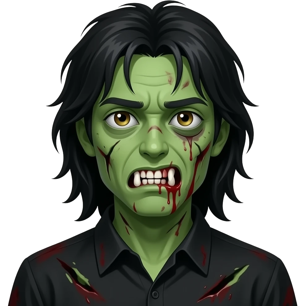 Zombie green skin dead, Black long Hair hanging over one eye, white teeth with blood leaking out, minor scar under eye, drowsy eyes, hazel color eyes, black collared shirt, gorey crazy, low eyes, dirty skin emoji