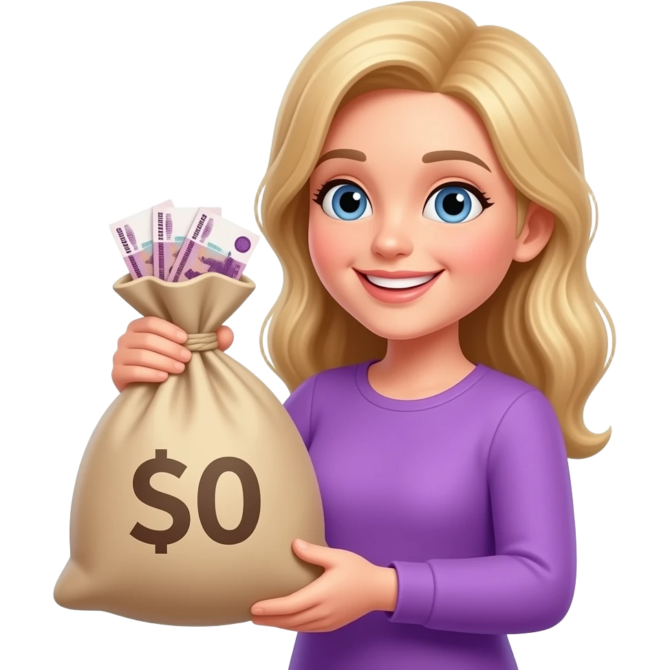 Счастливая женщина с мешком денег рубли в фиолетовой одежде emoji