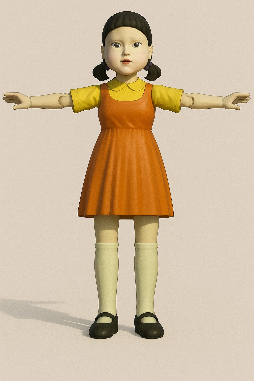 Red Light Green Light doll from Squid Game, full body, arms outstretched, simple background emoji
