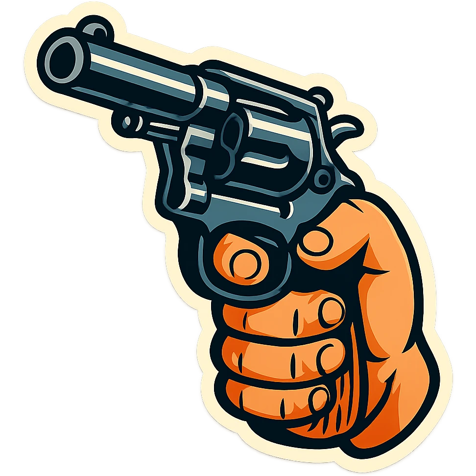 revolver in a male hand, retro stickers style, sharp black outlines, clear shadows and highlights, no gradients emoji