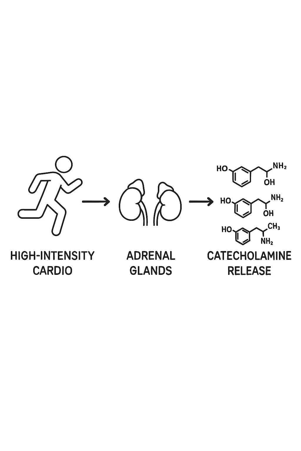 fai uno schemino che mostra come il cardio ad alta intensità stimola le catecolamine emoji