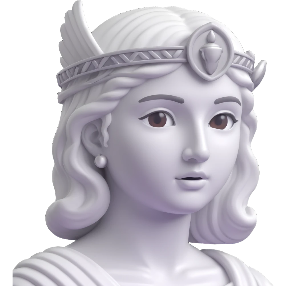 Athena’s face in 3D emoji style, silver tones and marble-like statue texture, close-up emoji
