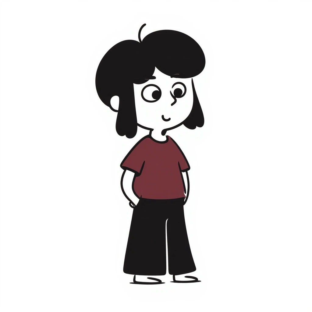A boy with bangs covering his eyes, long hair sticking out at the back, and long side locks. He has brown eyes and dark brown hair, and is wearing a maroon t-shirt. emoji