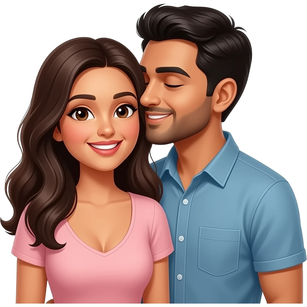Husband kissing wife lovingly Indian couple modern casual dress. Lady low neck, men no beard emoji