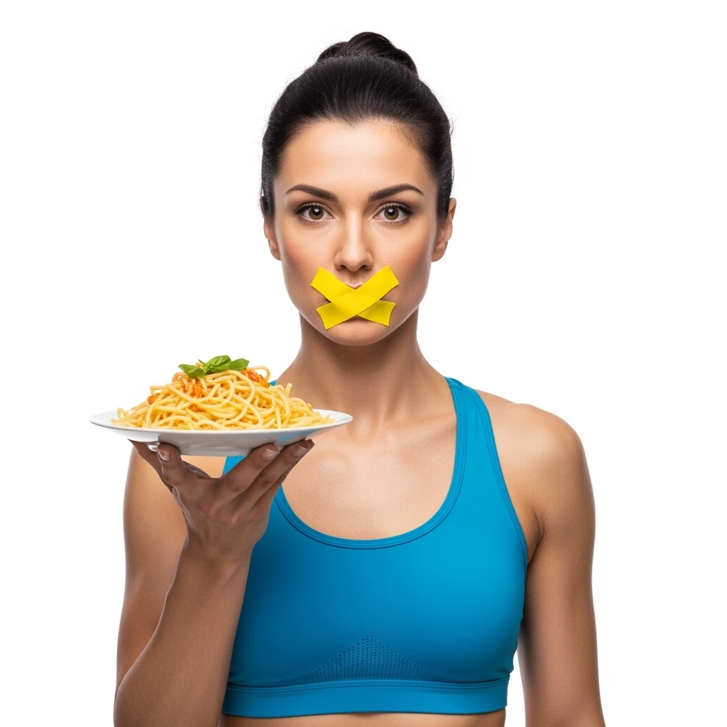 DONNA FITNESS ITALIANA PIATTO DI PASTA IN MANO E SCOTCH A CROCE SULLA BOCCA, IPERREALISTICA 4K, ISOLATA SU SFONDO BIANCO emoji
