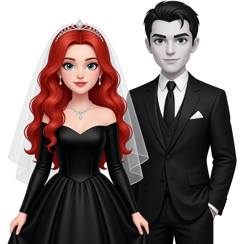 Vampiro femmina adolescente con capelli lunghi rosso fuoco ondulati con pelle bianca che indossa un vestito da sposa lungo con le maniche lunghe e nero che si sta sposando con il suo ragazzo VAMPIRO con la pelle chiara emoji
