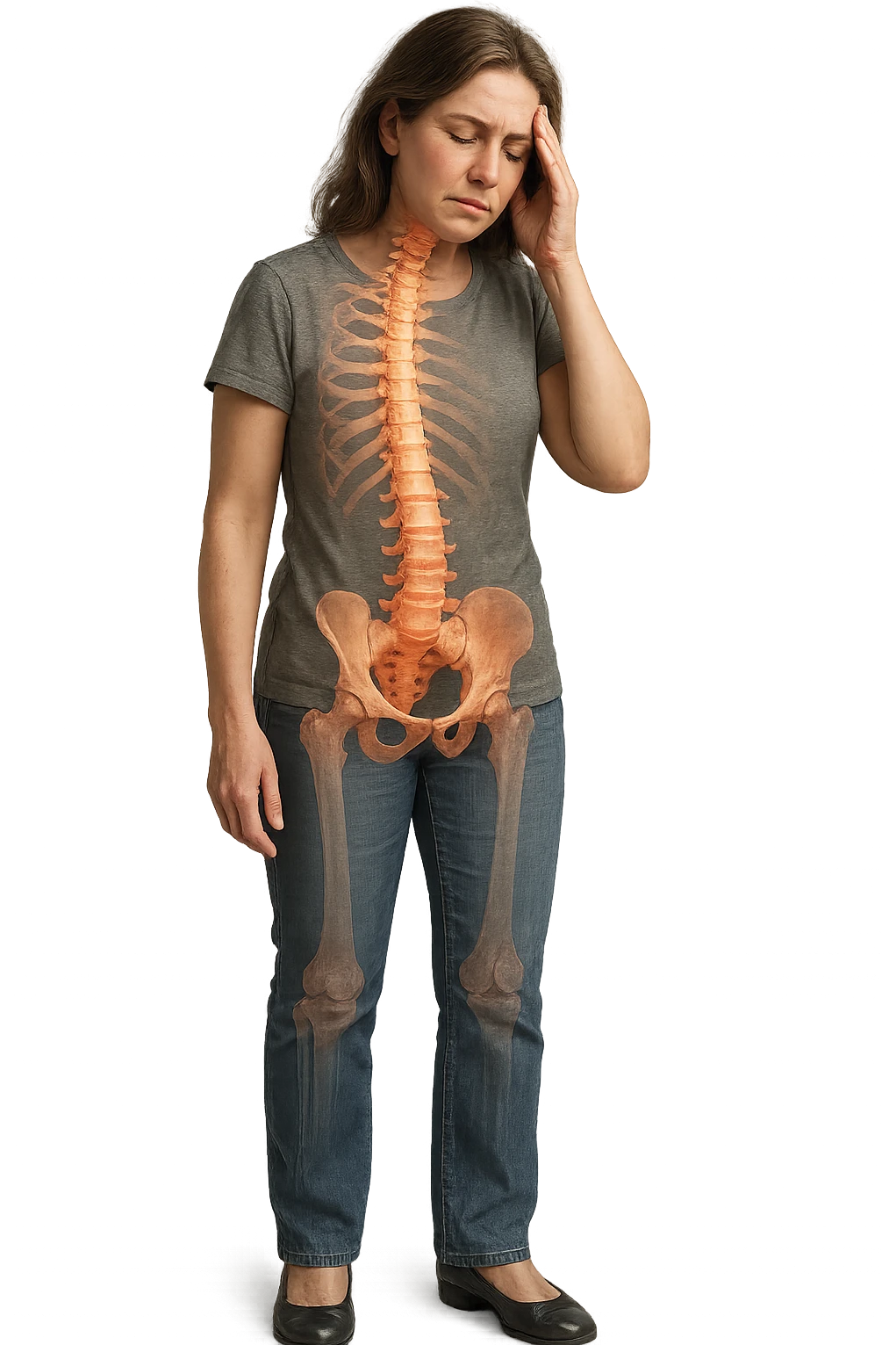 donna stanca a figura intera che si tiene una mano sulla tempia con spina dorsale anatomica visibile, iperrealistico 4k emoji