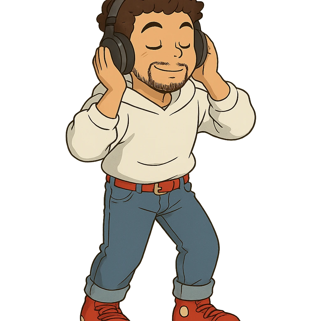 1 male, mid fade haircut dark chestnut brown curly hair, toasted lightskin, white hoodie sleeves up, fashion jeans, red fashion-sneakers shoes, red belt, short trimmed beard and goatee,  style of deku from "my hero academia", headphones on jammin', twtich emote emoji