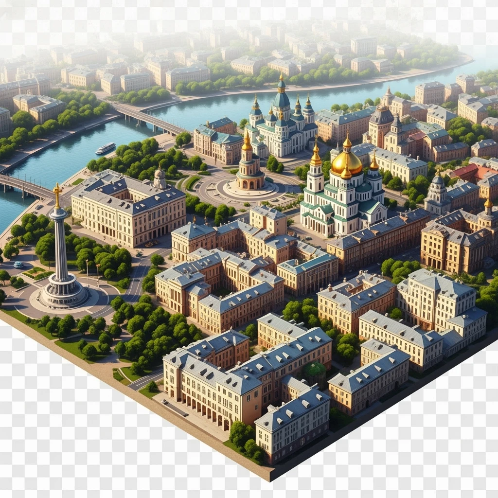 Isometric illustration of photorealistic Kyiv, balanced between paint stylized and realistic, 3D miniature effect, transparent background. emoji