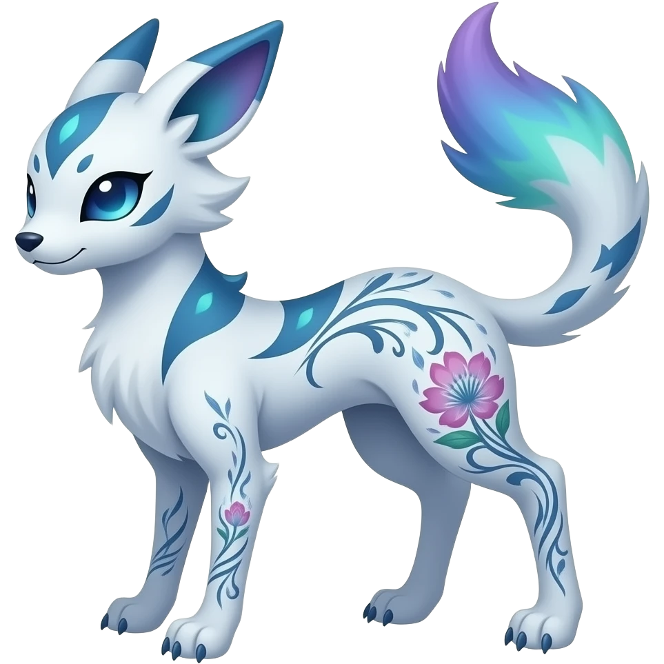 Auroral fuzzy Slim thin tattooed floral lanky scrawny tall elegant oriental feral painted Asian Absol-Glaceon-Sylveon-fusion-hybrid-creature emoji