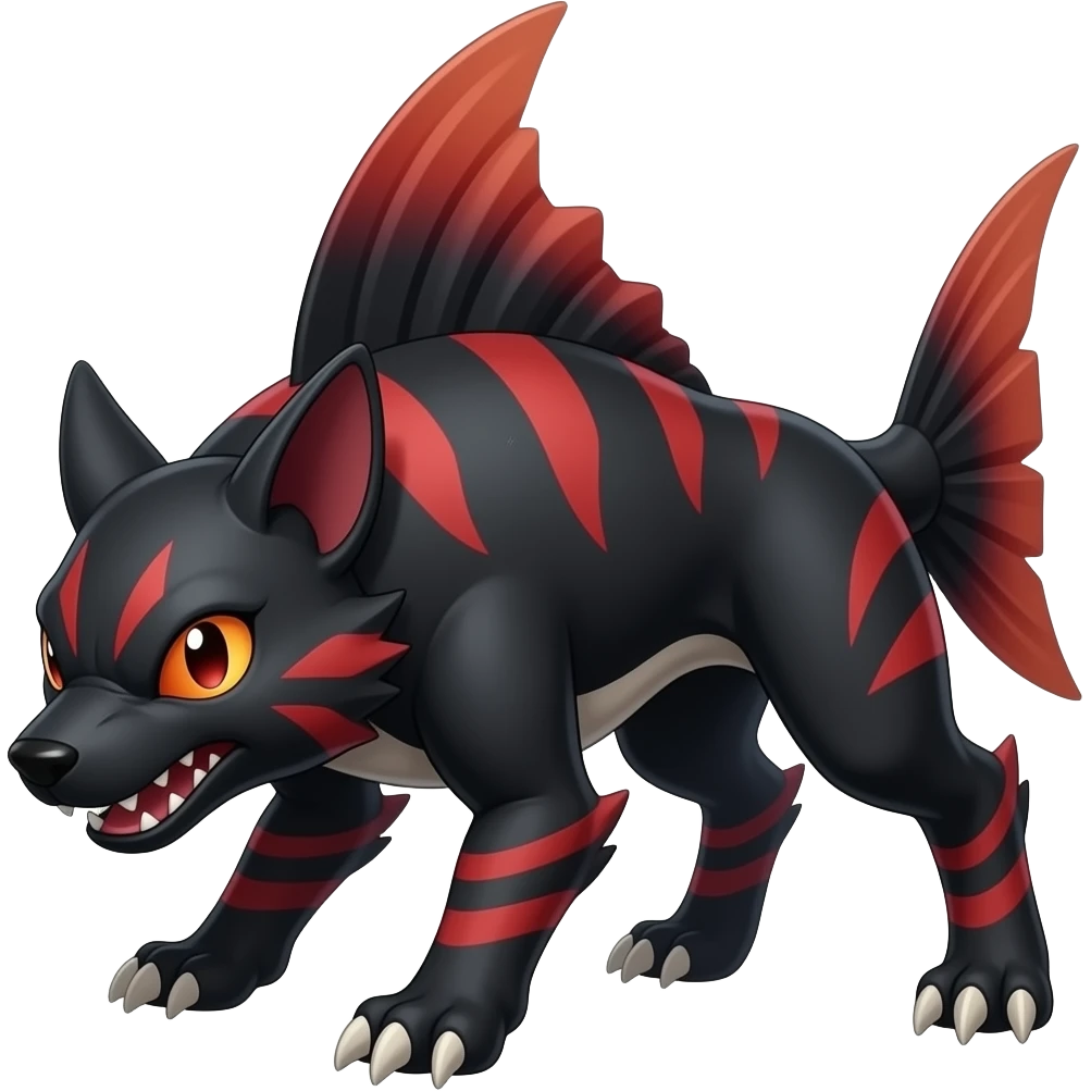 4-legged digitigrade black and red badass edgy landhai-carvanha-sharpedo-sergal-houndoom-Manectric-hybrid-fusion-creature, full body emoji