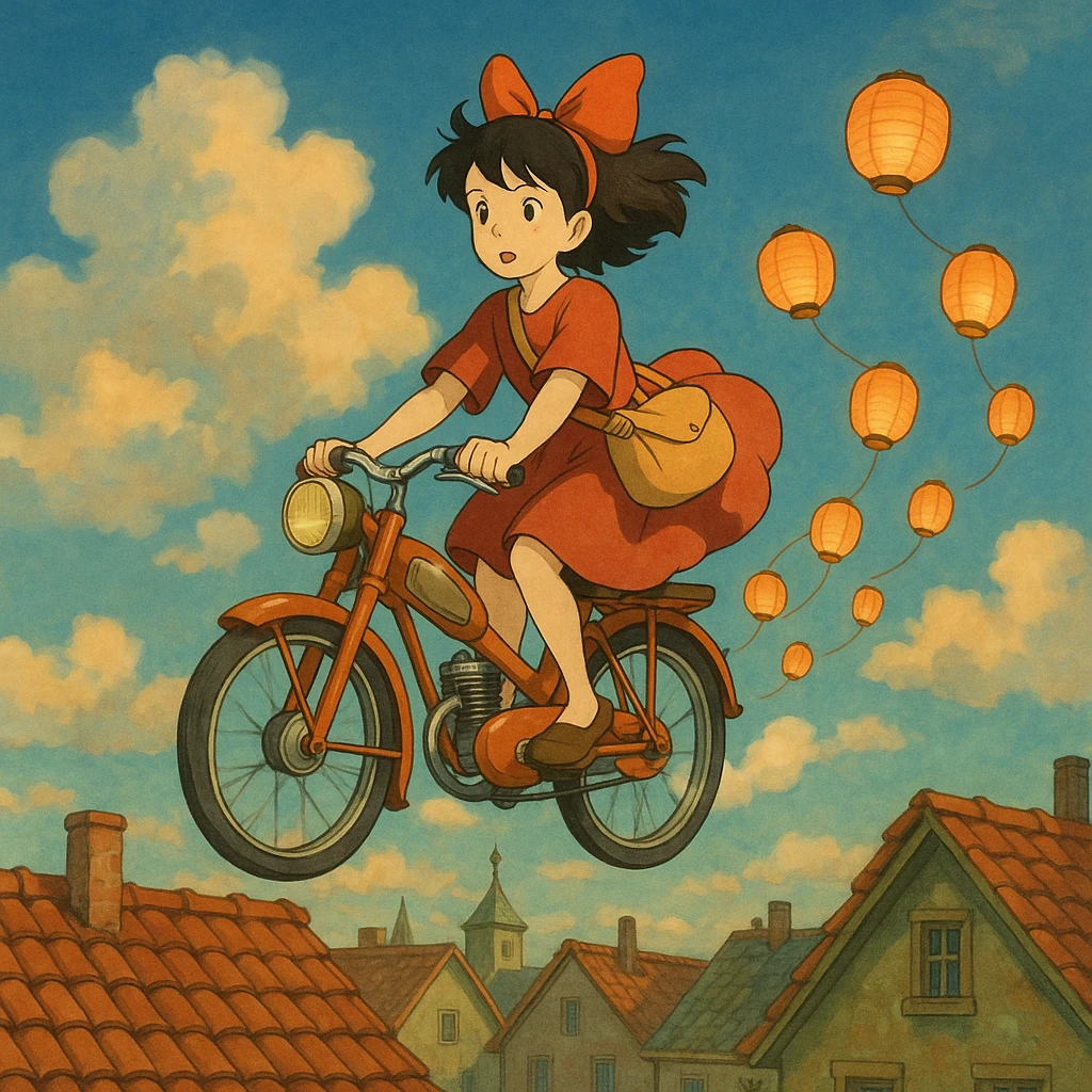 A girl riding a floating bike above the rooftops, with paper lanterns trailing behind.

 emoji