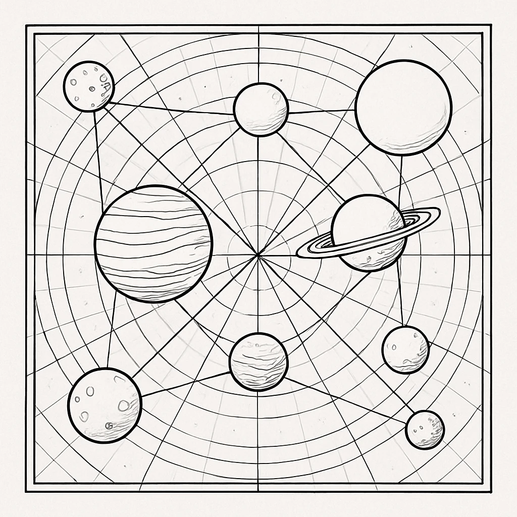 a design for an decorative black and white map, showing linework of galactic planets and a galactic ley lines. matrix map. black linework. neat and minimal design

 emoji