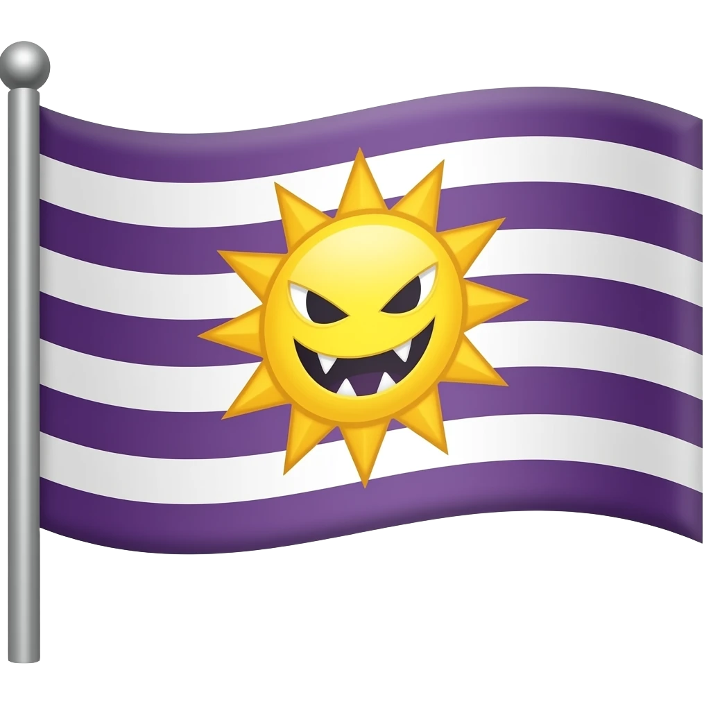 A flag with a nightmare monster sun illustation and a purple stripes emoji