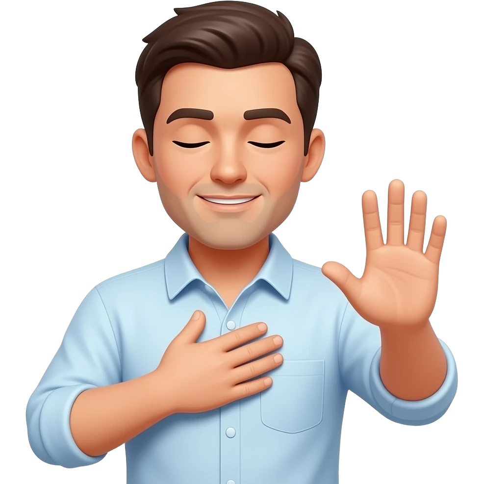 person man saying not, eyes closed, one hand on chest, other hand stretched in front emoji