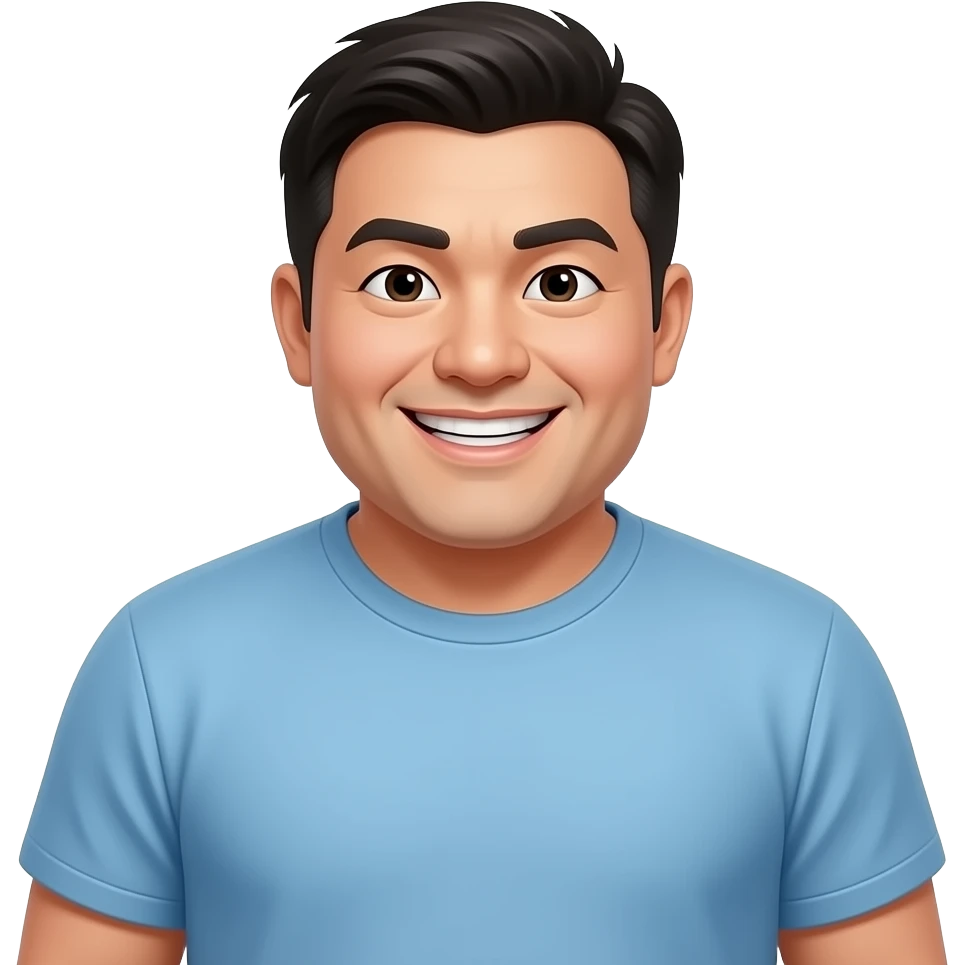 ulgy aisan fat man wearing a light blue t-shirt, smile with ulgy teeth emoji