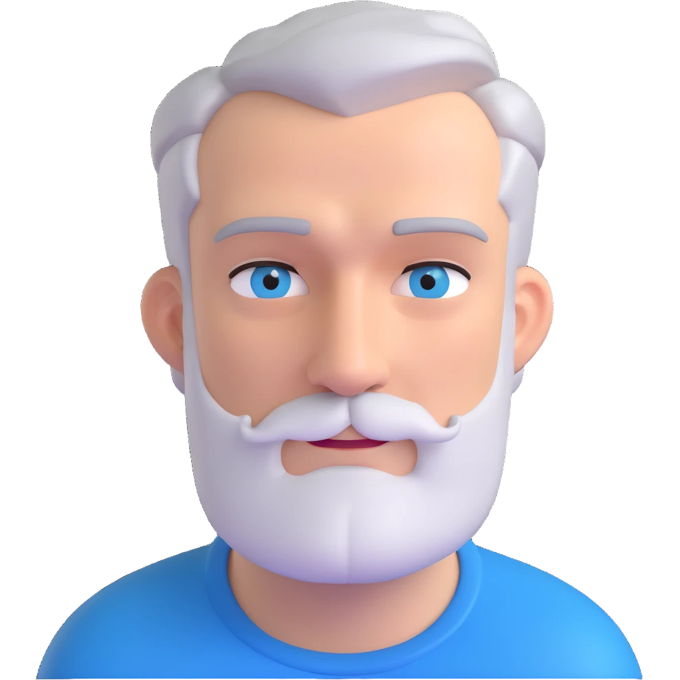 A middle-aged man with a medium slightly gray beard, short hair cut to the scalp on the sides and combed back on top, blue eyes emoji
