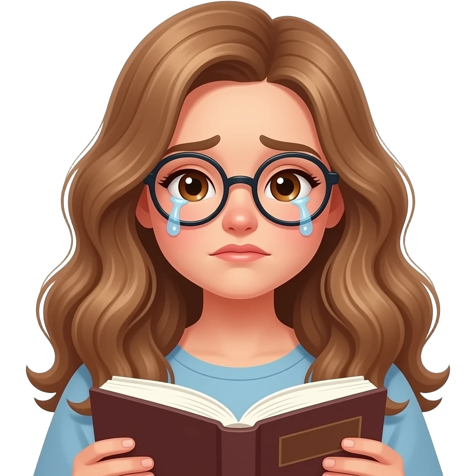 detailed emoji illustration of a curvy woman with long light brown wavy hair, light brown eyes and round glasses reading a book with tears in her eyes, emotional reading moment, cute emoji style emoji