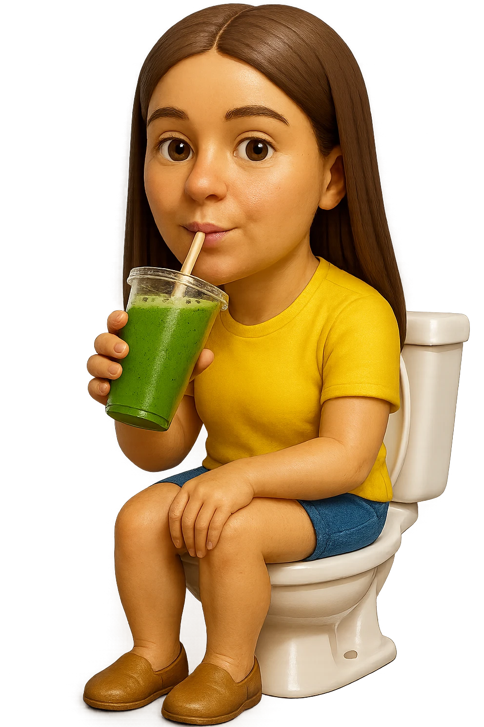 emoji stile iphone di una donna seduta sul wc che beve uno smoothies verde, iperrealistico 4k emoji