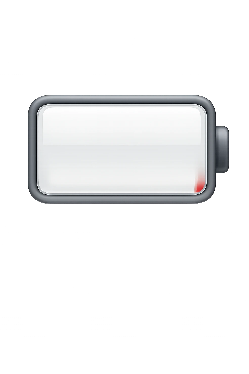 iPhone-style emoji of a battery that is almost empty, with a small red bar at the end indicating low energy. Clean, minimal, glossy look, transparent background. emoji