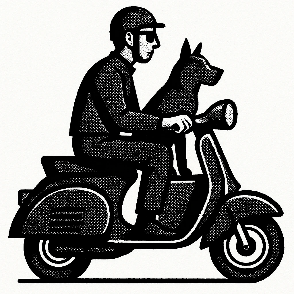 man and his pet dog riding a vespa emoji
