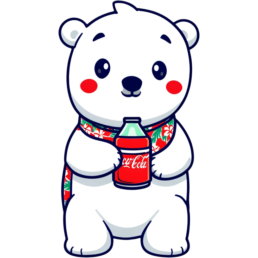 polar bear in a colorful Hawaiian shirt with Coke bottle pattern, sipping Coca-Cola emoji