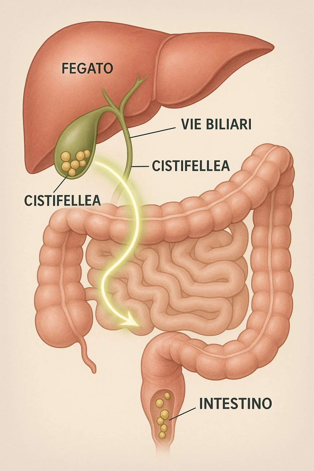 A realistic, educational medical illustration showing the human digestive tract focusing on the liver, gallbladder, bile ducts, and intestines. The gallbladder is depicted with small gallstones inside. A soft glowing arrow indicates the flow of bile and small stones moving naturally from the gallbladder through the bile ducts into the intestines. In the colon, small softened gallstones are shown being prepared for elimination, symbolizing their removal through bowel movements. The style is clean, precise, and clear with soft anatomical colors (greens, soft reds, and yellows) and faint glowing arrows to illustrate the process. The background is a subtle neutral gradient to keep the focus on the organs and the pathway. The image conveys the concept of natural gallstone elimination through the intestines via the stool in a clear, non-graphic, and educational way in italiano emoji