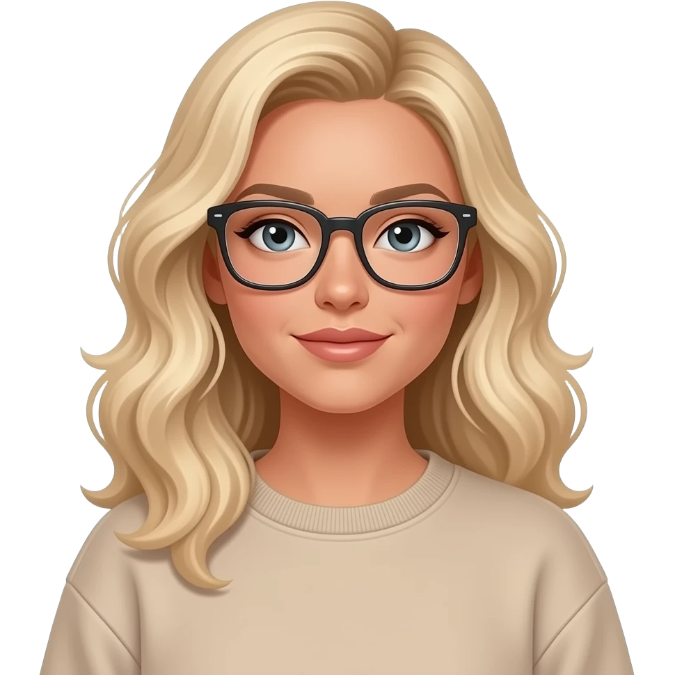 woman with long cool toned blonde loosely  curled hair, rectangular glasses and tan skin wearing a jumper with beige sweatshirt emoji