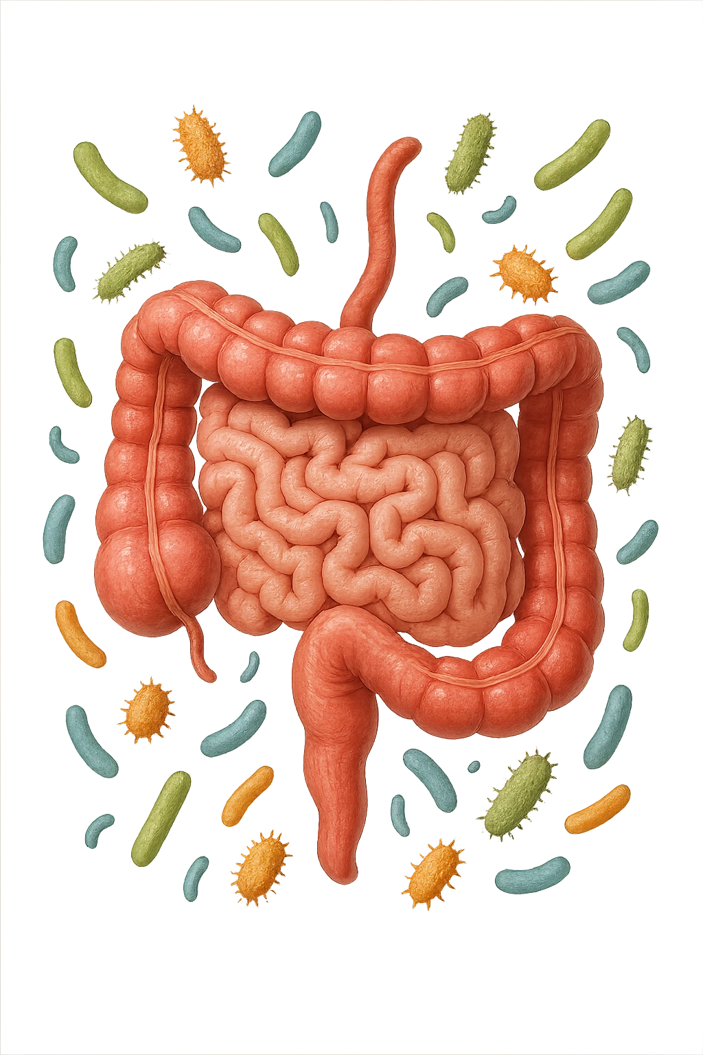intestino umano anatomico con qualche batterio intestinale che gli fluttua intorno, ISOLATO SU SFONDO BIANCO emoji