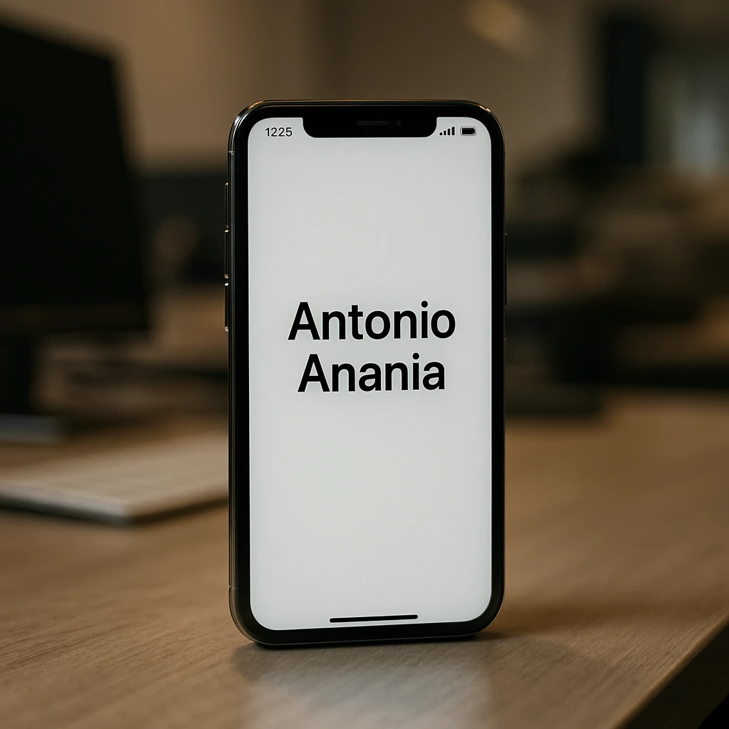 A photo of an iPhone with the message "Antonio Anania" on its screen, The phone sits atop a desk with a blurred background that suggests work environment. A faint glow from above casts gentle shadows across the surface of each object, creating depth and highlighting their textures. emoji