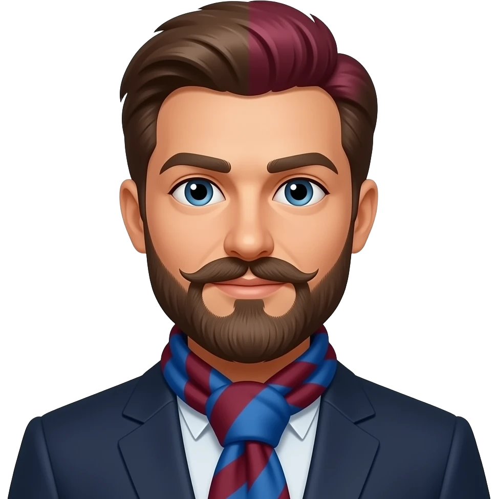 a business with long mustache wear a neck scarf her hairs color change scarf color into vibrant blue and yellow  mehroon emoji