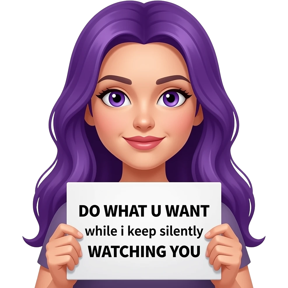 sexy girl with long purple hair and purple eyes holding a DO WHAT U WANT while I keep silently WATCHING YOU sign emoji