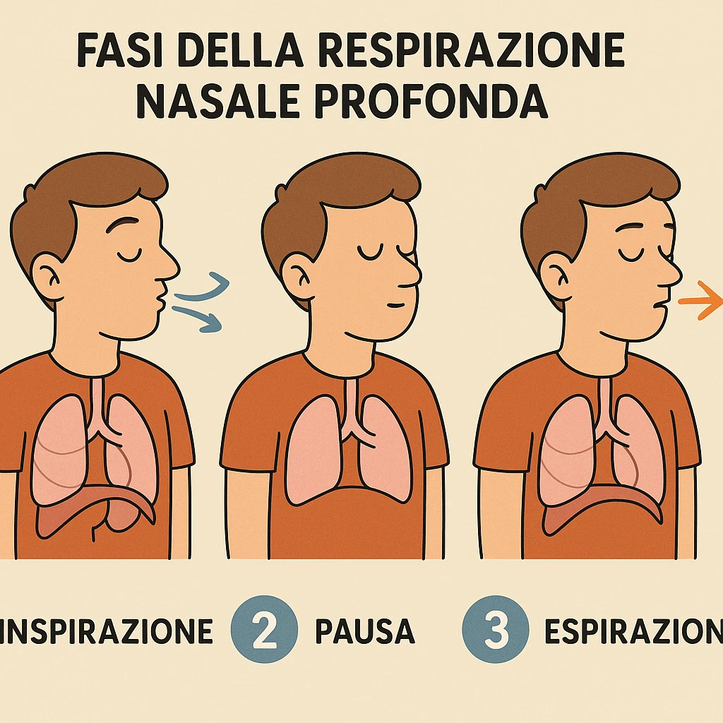 animated educational diagram showing sequence of deep nasal breathing phases (inhalation, pause, exhalation) with numbered steps, caption in Italian emoji