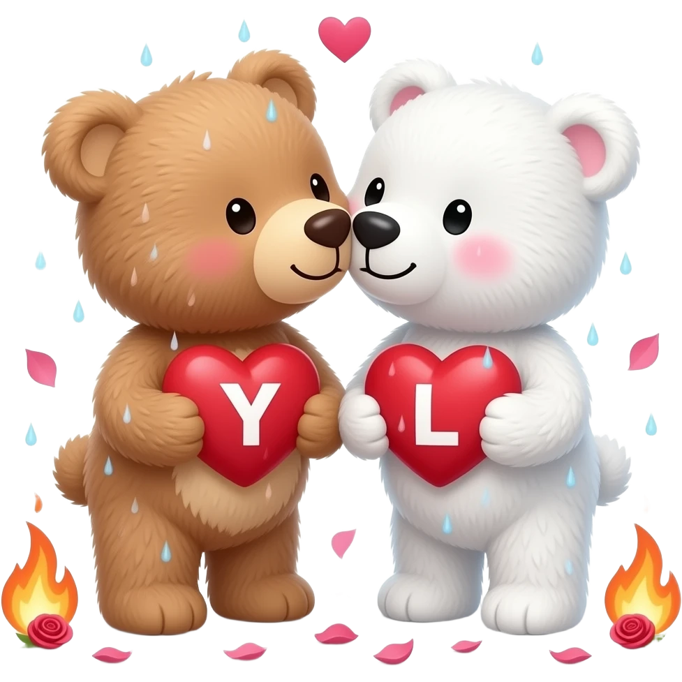 I want one light brown bear teddy kissing on cheek white bear teddy both holding heart , both a little furry, the  white bear blushes and smiles , add letter Y to the heart of the brown bear and letter L to the heart of the white bear , raining rose petals , hearts on fire emoji