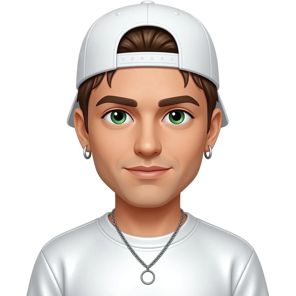 Tony Mortimer from East 17 with green eyes, brown 90s curtain mop top hair, white cap, white metallic sweatshirt, necklace and earrings emoji