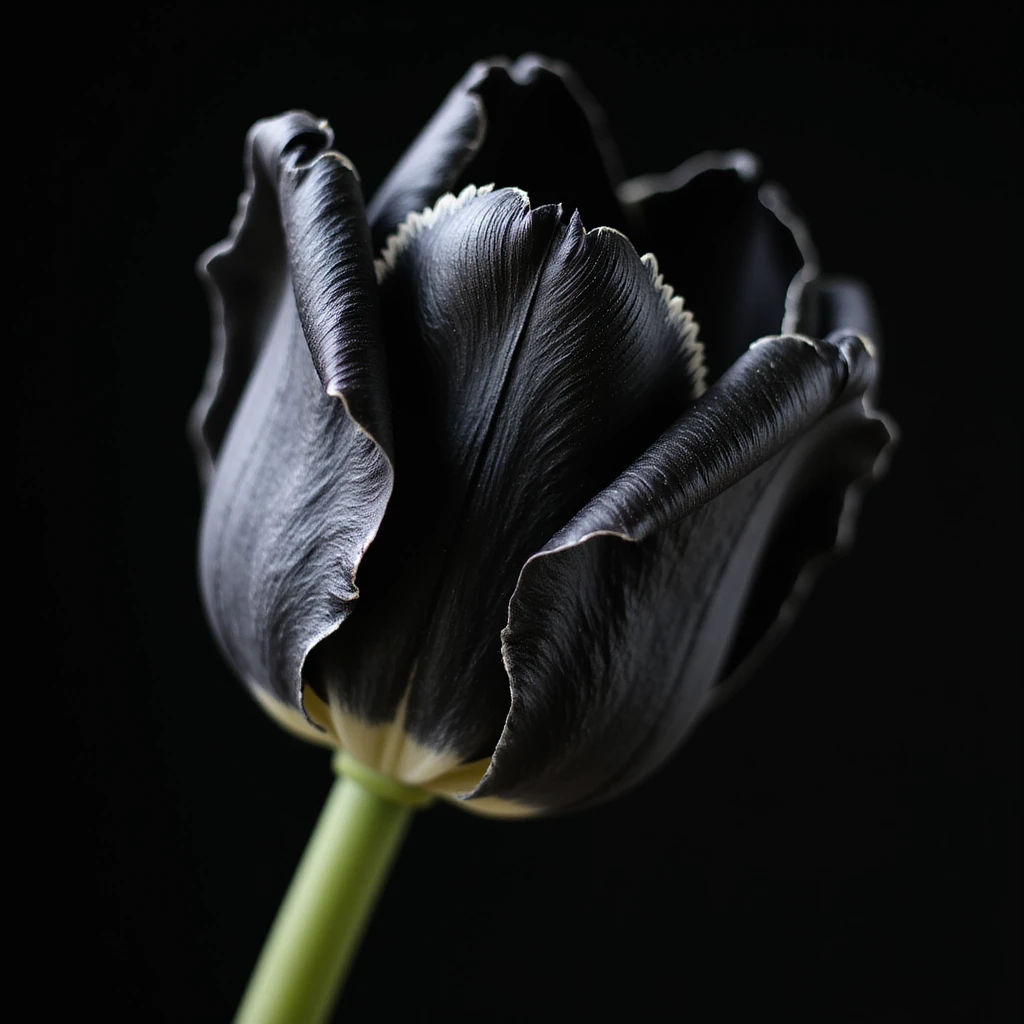 realistic goth tulip with black petals with silver accents, photorealistic style emoji