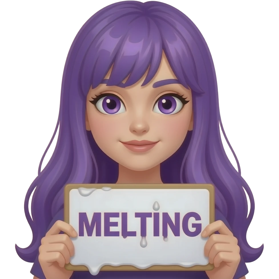 sexy girl with long purple hair and purple eyes holding a MELTING sign emoji