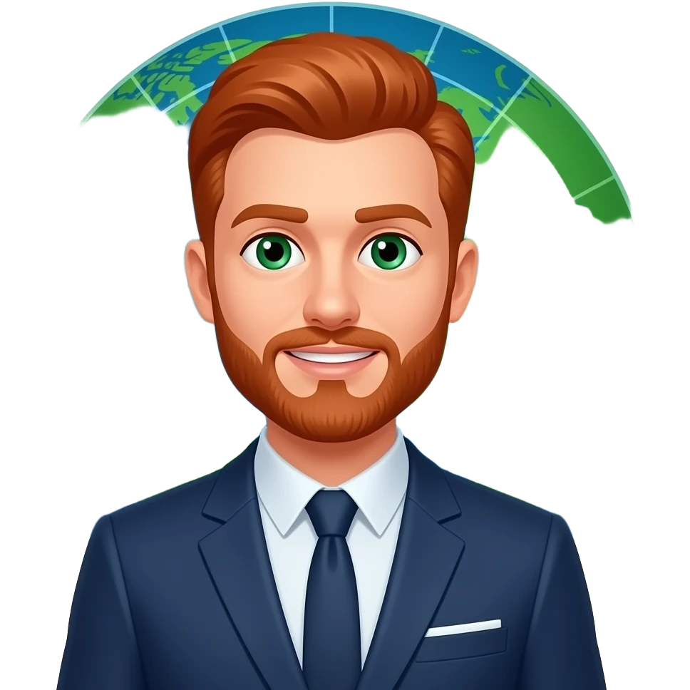 Weatherman, radar map behind him, redheaded, short beard, green eyes emoji